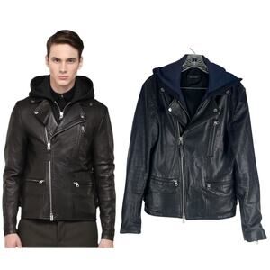 Mackage Manus Lamb Leather Jacket Detachable Hood Black Blue Size 36/ S